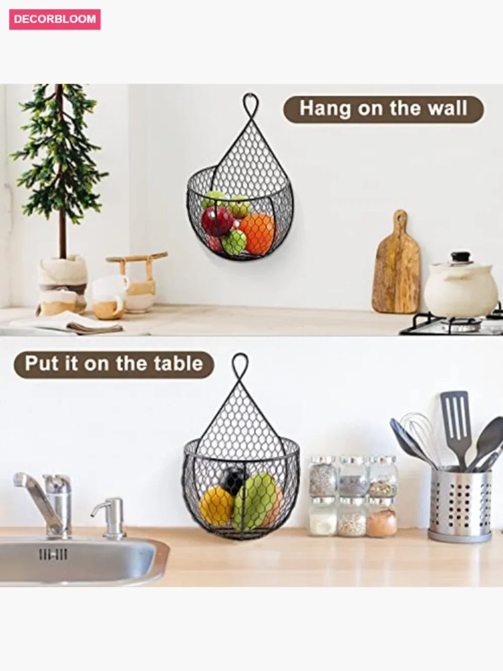 Set of 2 Black Wire Wall Mounted Storage Baskets for Kitchen Fruits Veggies